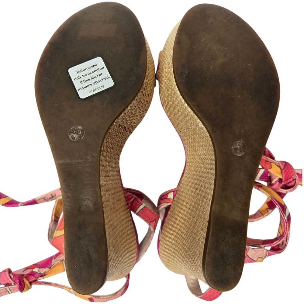 Emilio Pucci Y2K Raffia Espadrille Wedge Sandals 38 Pink Abstract Italy Tie Heel - Picture 6 of 16